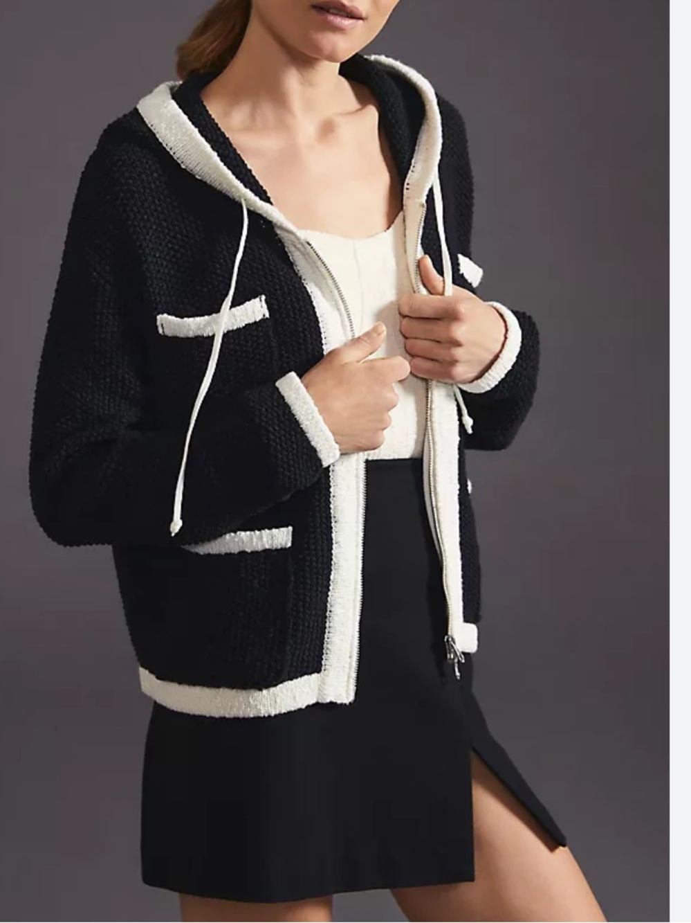 Maeve Black Knit Zip Hoodie with Cream Trim